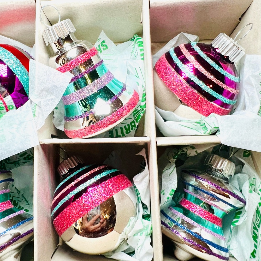 12 Radko Spools Bells Beehives Balls Glass Ornaments Pink Teal Purple Glitter - Picture 7 of 13
